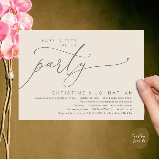 Convites Festa Feliz para Sempre, Jantar de Casamento com D (Happily Ever After Party, Romantic Modern Elopement Dinner Dancing Invites Card PDF Cream Grey)