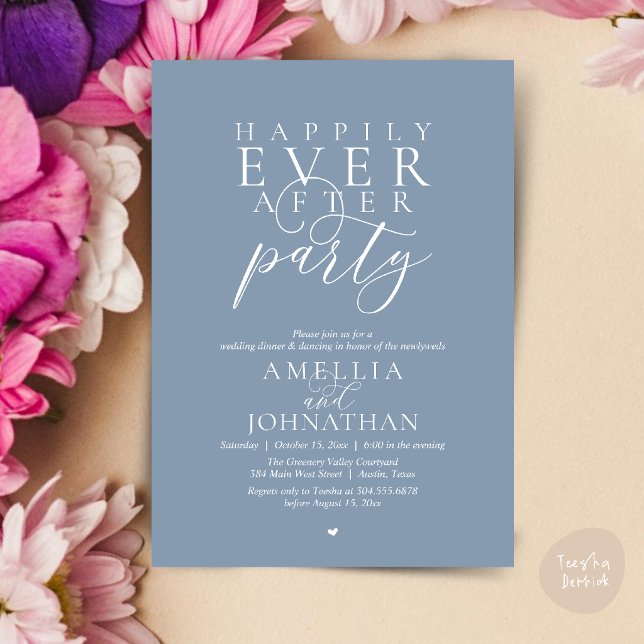 Convites Festa Feliz para Sempre Jantar de Casamento com Fu (Happily Ever After Party Wedding Elopement Dinner Invitation Card in Dusty Blue)