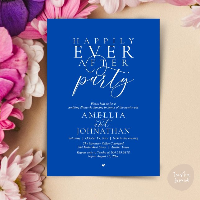 Convites Festa Feliz para Sempre Jantar de Casamento com Fu (Happily Ever After Party Classy Wedding Elopement Dinner Invitation Card in Cobalt Blue and ivory)