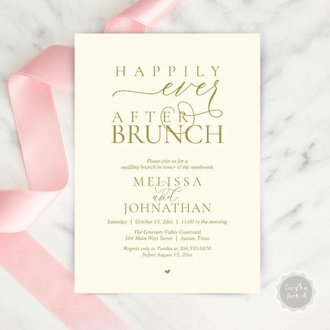 Convites Festa Feliz para Sempre Jantar de Casamento com Fu (Happily Ever After Brunch Wedding Elopement Celebration Invitation Card in Gold Yellow Cream)