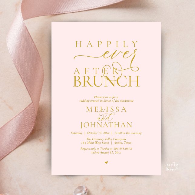 Convites Festa Feliz para Sempre Jantar de Casamento com Fu (Happily Ever After Brunch Wedding Elopement Celebration Invitation Card in Gold Blush Pink)