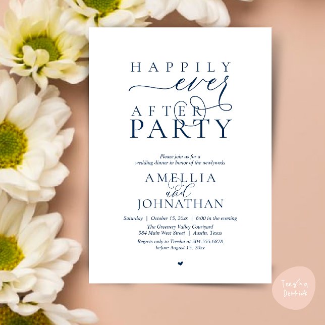 Convites Festa Feliz para Sempre Jantar de Casamento com Fu (Happily Ever After Party Wedding Elopement Dinner Invitation Card in Navy Blue)