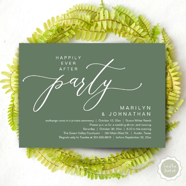 Convites Festa Feliz para Sempre Jantar de Casamento com Fu (Happily Ever After Party Wedding Elopement Romantic Dinner Brunch Invitation Card PDF Sage Green)