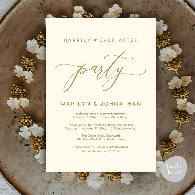 Convites Festa Feliz para Sempre Jantar de Casamento com Fu (Happily Ever After Party Wedding Elopement Romantic Dinner Brunch Invitation Card PDF Yellow Gold)