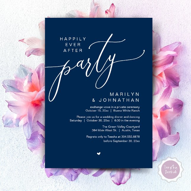 Convites Festa Feliz para Sempre Jantar de Casamento com Fu (Happily Ever After Party Wedding Elopement Romantic Dinner Brunch Invitation Card PDF Navy Blue)