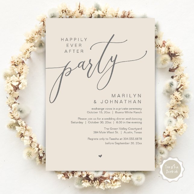Convites Festa Feliz para Sempre Jantar de Casamento com Fu (Happily Ever After Party Wedding Elopement Romantic Dinner Brunch Invitation Card PDF Cream Grey)