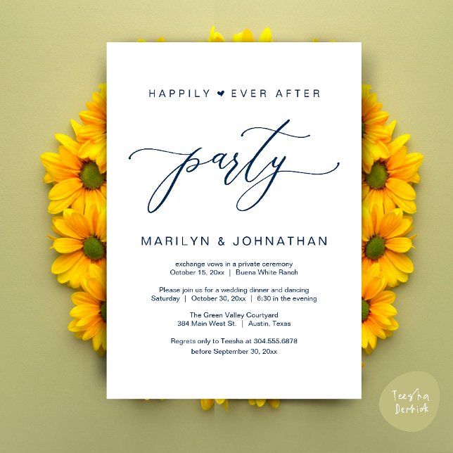 Convites Festa Feliz para Sempre Jantar de Casamento com Fu (Happily Ever After Party Wedding Elopement Romantic Dinner Brunch Invitation Card PDF Navy Blue)