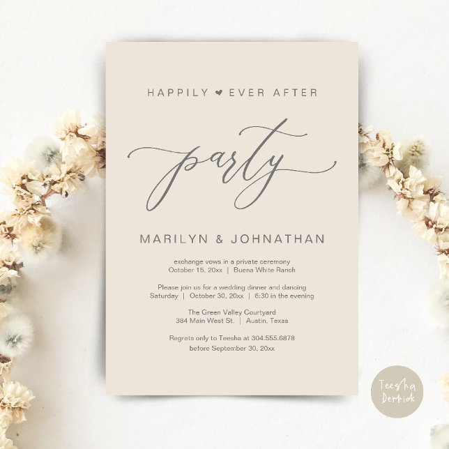 Convites Festa Feliz para Sempre Jantar de Casamento com Fu (Happily Ever After Party Wedding Elopement Romantic Dinner Brunch Invitation Card PDF Cream Grey)