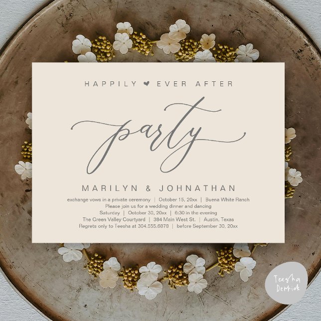 Convites Festa Feliz para Sempre Jantar de Casamento com Fu (Happily Ever After Party Wedding Elopement Romantic Dinner Brunch Invitation Card PDF Cream Grey)