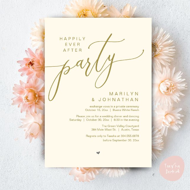 Convites Festa Feliz para Sempre Jantar de Casamento com Fu (Happily Ever After Party Wedding Elopement Romantic Dinner Brunch Invitation Card PDF Yellow Gold)