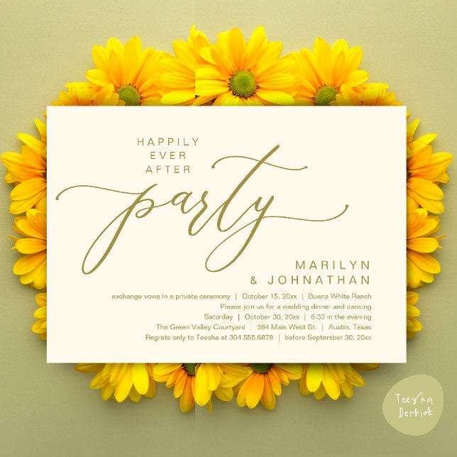 Convites Festa Feliz para Sempre Jantar de Casamento com Fu (Happily Ever After Party Wedding Elopement Romantic Dinner Brunch Invitation Card PDF Yellow Gold)