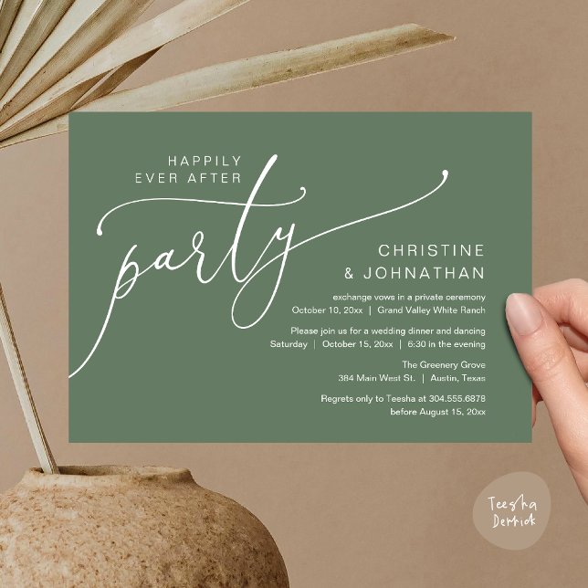 Convites Festa Feliz para Sempre, Jantar de Casamento Fuga  (Happily Ever After Party, Romantic Modern Elopement Dinner Dancing Invites Card PDF Sage Green)