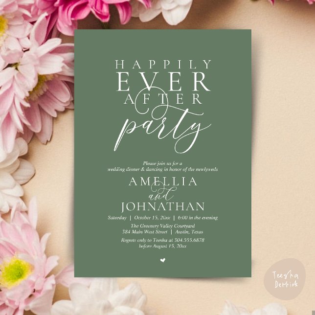Convites Festa Feliz para Sempre Jantar de Casamento Fuga R (Happily Ever After Party Wedding Elopement Dinner Invitation Card in Sage Green)