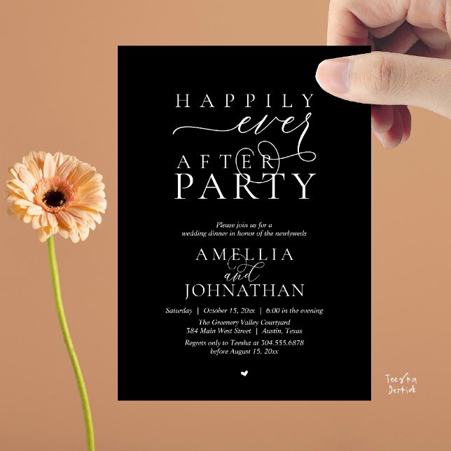 Convites Festa Feliz para Sempre Jantar de Casamento Fuga R (Happily Ever After Party Wedding Elopement Dinner Invitation Card in Classy Black)