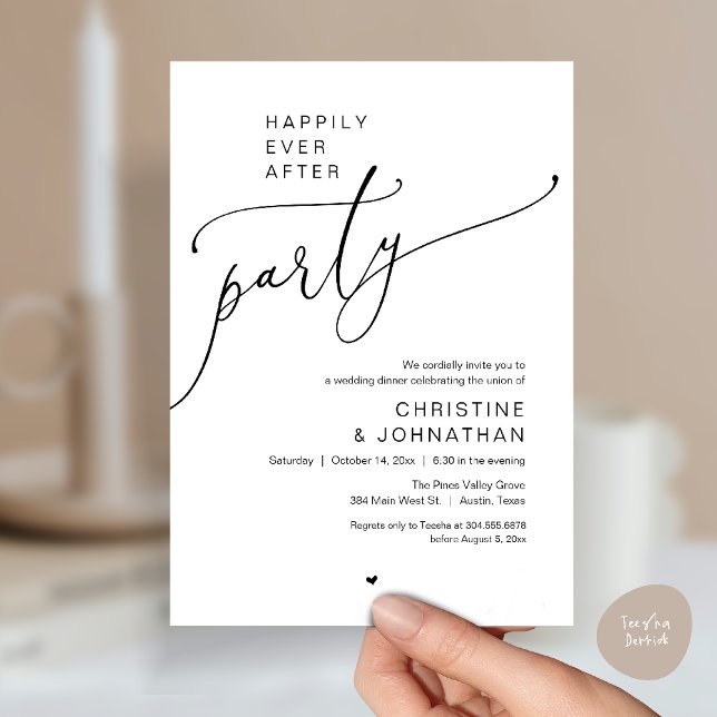 Convites "Festa Feliz para Sempre" Jantar de Casamento Mode ("Happily Ever After Party" Modern Wedding Dinner reception Invitation card in black white)