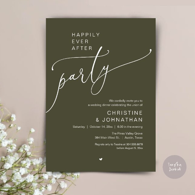 Convites "Festa Feliz para Sempre" Jantar de Casamento Mode ("Happily Ever After Party" Modern Wedding Dinner reception Invitation card in olive green)