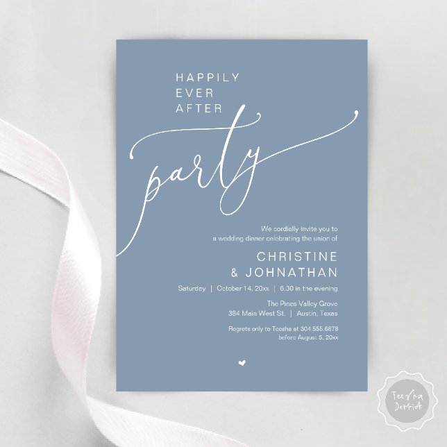 Convites "Festa Feliz para Sempre" Jantar de Casamento Mode ("Happily Ever After Party" Modern Wedding Dinner reception Invitation card in dusty blue)