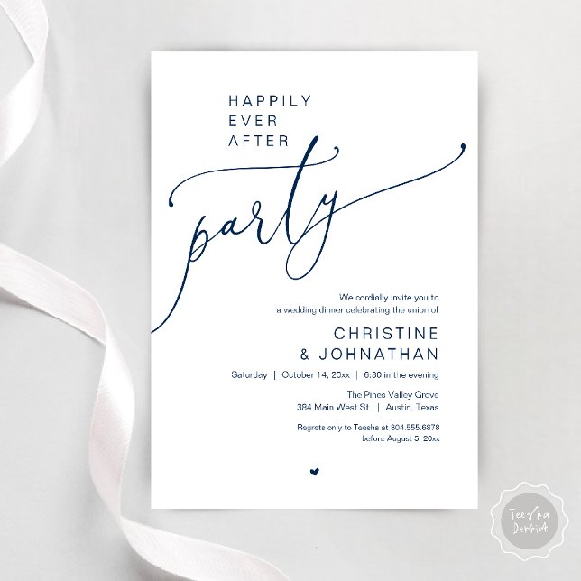 Convites "Festa Feliz para Sempre" Jantar de Casamento Mode ("Happily Ever After Party" Modern Wedding Dinner Invitation Card in navy Blue)