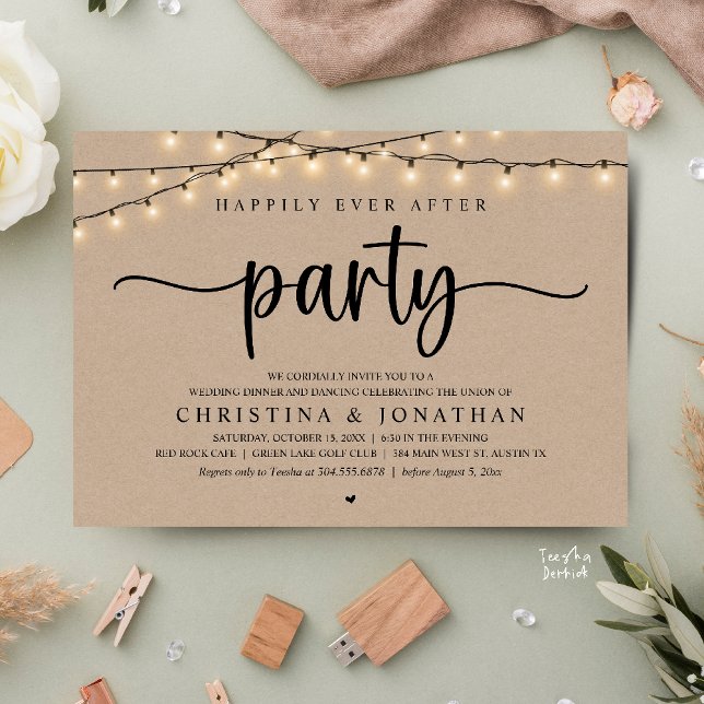 Convites Festa Feliz para Sempre, Jantar de Casamento Rústi (Happily Ever After Party, Rustic Wedding Dinner Invitation Card,  cottage string lights, brown kraft)