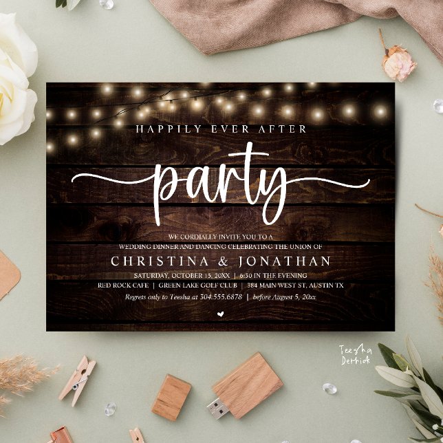 Convites Festa Feliz para Sempre, Jantar de Casamento Rústi (Happily Ever After Party, Rustic Wedding Dinner Invitation Card,  cottage string lights, brown wood)