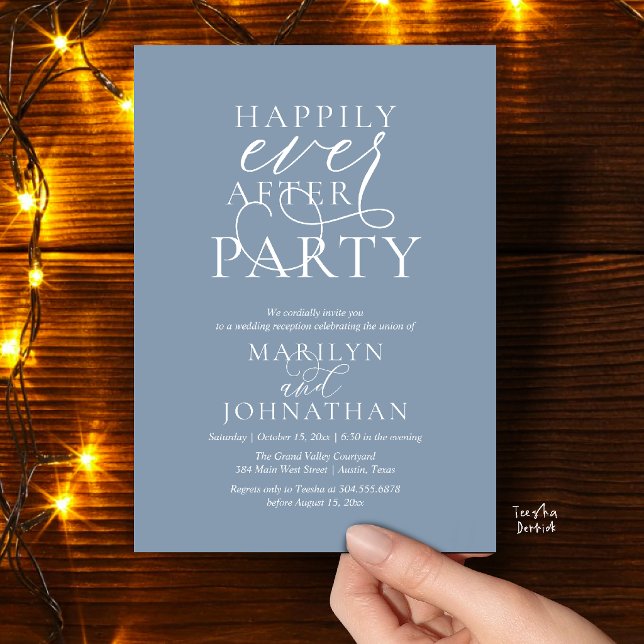 Convites Festa Feliz para Sempre, Jantar de Casamento Sofis (Happily Ever After Party, Classy Wedding Dinner Party Invitation Card in Dusty Blue)