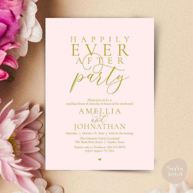 Convites Festa Feliz para Sempre Jantar de Elopamento de Ca (Happily Ever After Party Classy Wedding Elopement Dinner Invitation Card in Blush Yellow Gold)
