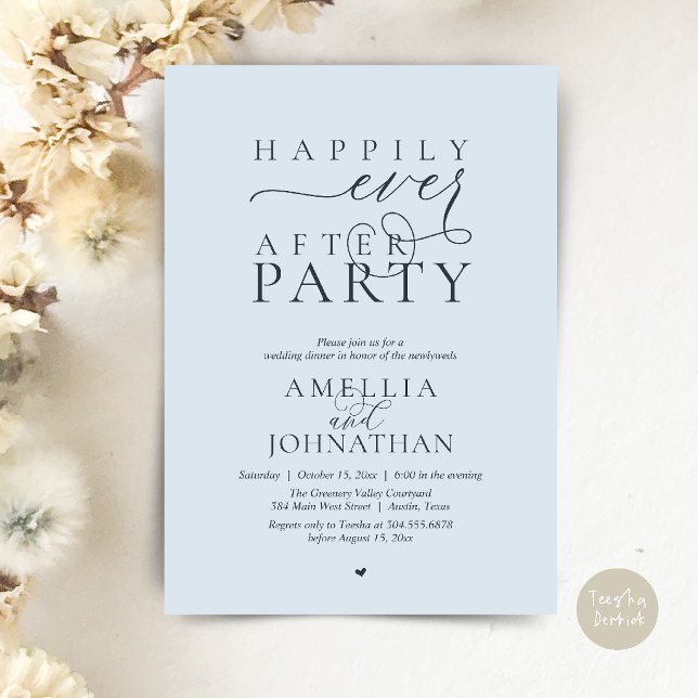 Convites Festa Feliz para Sempre Jantar de Elopamento de Ca (Happily Ever After Party Wedding Elopement Dinner Invitation Card in Misty Blue)