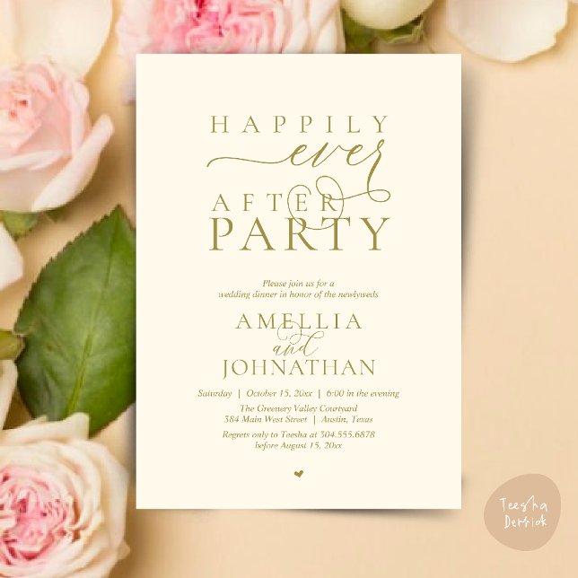 Convites Festa Feliz para Sempre Jantar de Elopamento de Ca (Happily Ever After Party Wedding Elopement Dinner Invitation Card in Yellow Cream Gold)