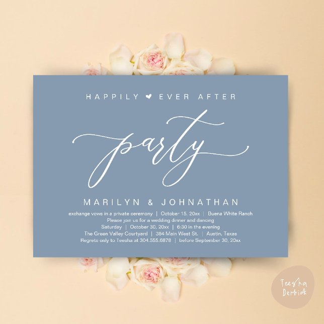 Convites Festa Feliz para Sempre Jantar de Elopamento de Ca (Happily Ever After Party Wedding Elopement Romantic Dinner Brunch Invitation Card PDF Dusty Blue)