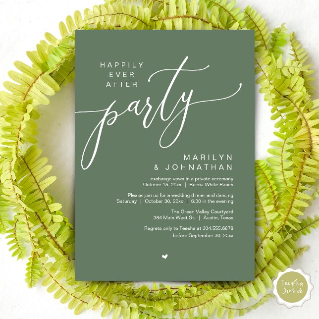 Convites Festa Feliz para Sempre Jantar de Elopamento de Ca (Happily Ever After Party Wedding Elopement Romantic Dinner Brunch Invitation Card PDF Sage Green)
