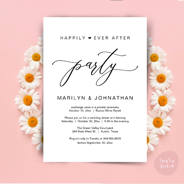 Convites Festa Feliz para Sempre Jantar de Elopamento de Ca (Happily Ever After Party Wedding Elopement Romantic Dinner Brunch Invitation Card PDF White Black)