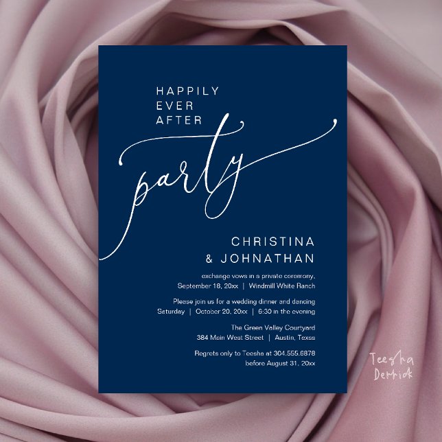 Convites Festa Feliz para Sempre, Jantar de Recepção Modern (Happily Ever After Party, Modern Reception Dinner Invitation Card in Navy Blue)