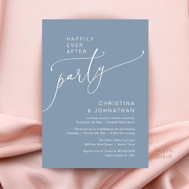Convites Festa Feliz para Sempre, Jantar de Recepção Modern (Happily Ever After Party, Modern Reception Dinner Invitation Card in Dusty Blue)
