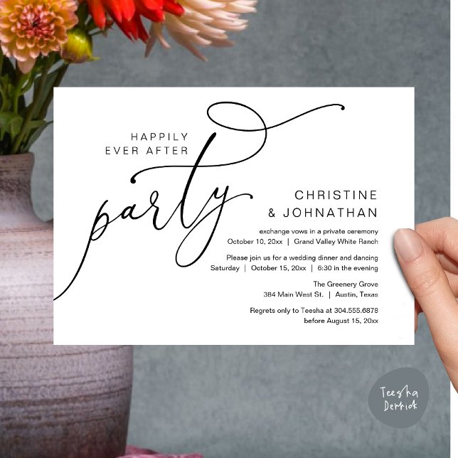 Convites Festa Feliz para Sempre, Jantar Romântico com Danç (Happily Ever After Party, Romantic Modern Elopement Dinner Dancing Invites Card PDF Black White)