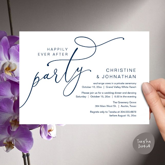Convites Festa Feliz para Sempre, Jantar Romântico com Danç (Happily Ever After Party, Romantic Modern Elopement Dinner Dancing Invites Card PDF Navy Blue)