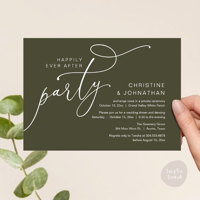 Convites Festa Feliz para Sempre, Jantar Romântico com Danç (Happily Ever After Party, Romantic Modern Elopement Dinner Dancing Invites Card PDF Olive Green)