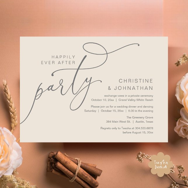 Convites Festa Feliz para Sempre, Jantar Romântico com Danç (Happily Ever After Party, Romantic Modern Elopement Dinner Dancing Invites Card PDF Cream Grey)