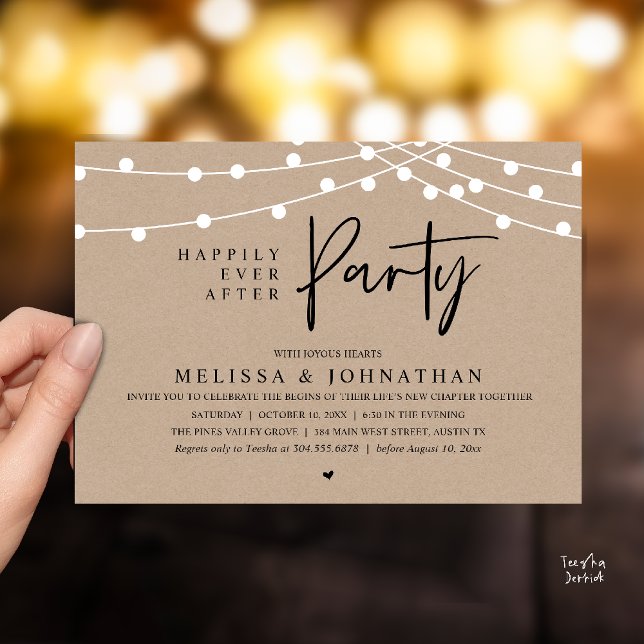Convites Festa Feliz para Sempre, Luzes Rústicas de Corda (Happily Ever After Party, Rustic Wedding String Lights Invitation card, Reception Dinner Dancing)