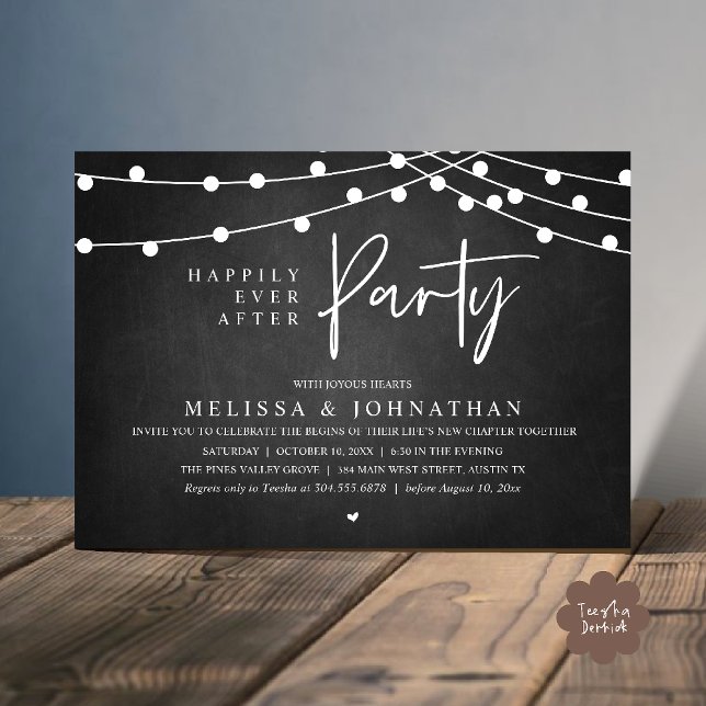 Convites Festa Feliz para Sempre, Luzes Rústicas de Corda (Happily Ever After Party, Rustic Wedding String Lights Invitation card, Reception chalkboard)