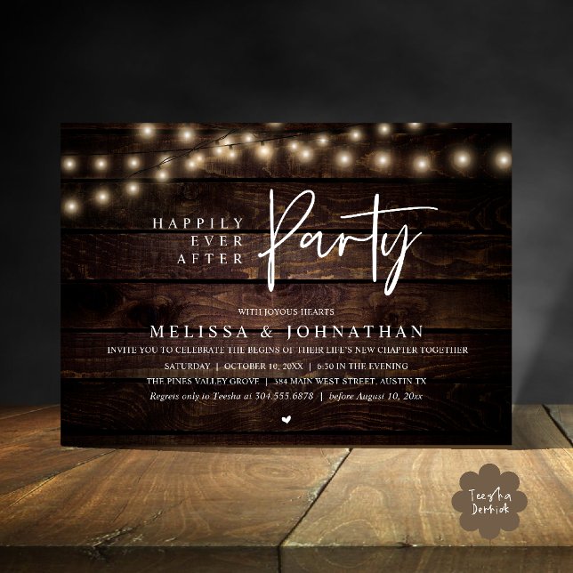 Convites Festa Feliz para Sempre, Luzes Rústicas de Corda (Happily Ever After Party, Rustic Wedding String Lights Invitation card, Reception Brown Wood)