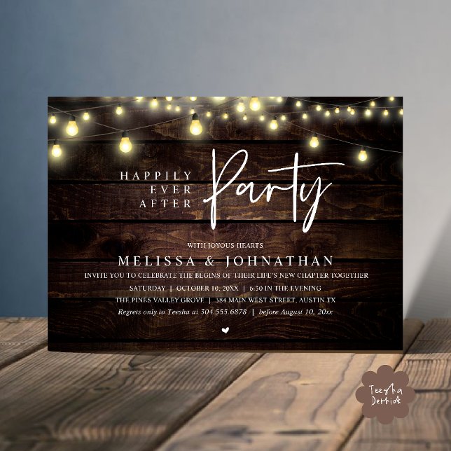 Convites Festa Feliz para Sempre, Luzes Rústicas de Corda (Happily Ever After Party, Rustic Wedding String Lights Invitation card, Reception Brown Wood )