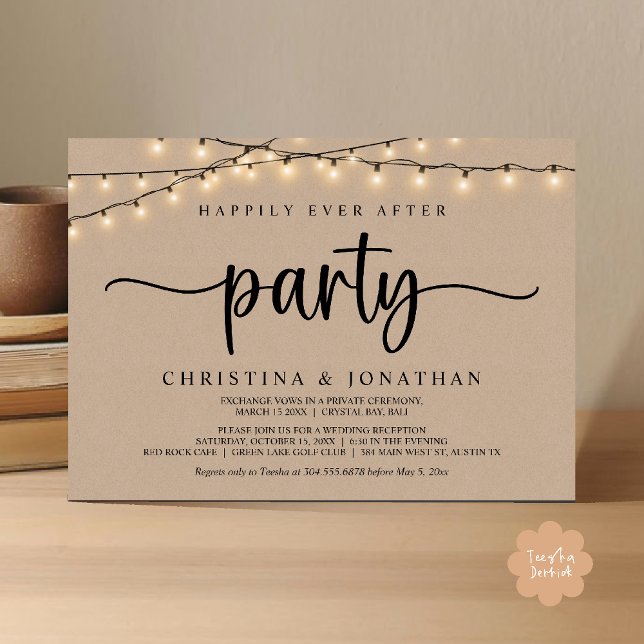 Convites Festa Feliz para Sempre, Luzes Rústicas de Corda C (Happily Ever After Party, Rustic String Lights Wed Invitation Card, Dark Brown kraft Background)