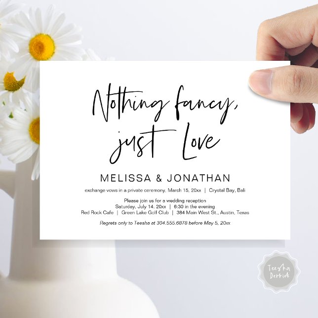 Convites Festa Feliz para Sempre, Preto, Casamento às Press (Nothing Fancy Just Love, Wedding Elopement Dinner Party Invitation Card, PDF, Modern, Black White)