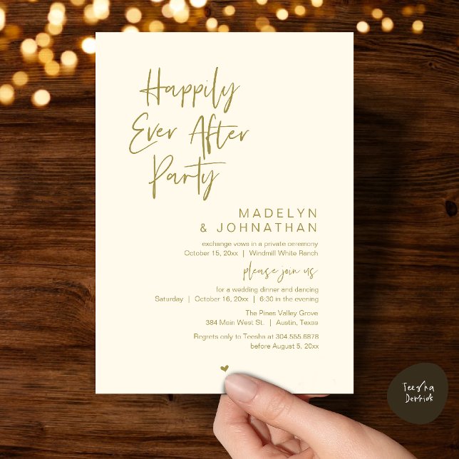 Convites Festa Feliz para Sempre, Recepção de Casamento Mod (Happily Ever After Party, Modern Wedding Reception Dinner Invitation card in yellow gold)