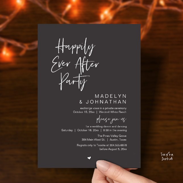 Convites Festa Feliz para Sempre, Recepção de Casamento Mod (Happily Ever After Party, Modern Wedding Reception Dinner Invitation card in charcoal grey)