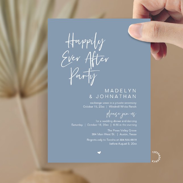 Convites Festa Feliz para Sempre, Recepção de Casamento Mod (Happily Ever After Party, Modern Wedding Reception Dinner Invitation card in dusty blue)