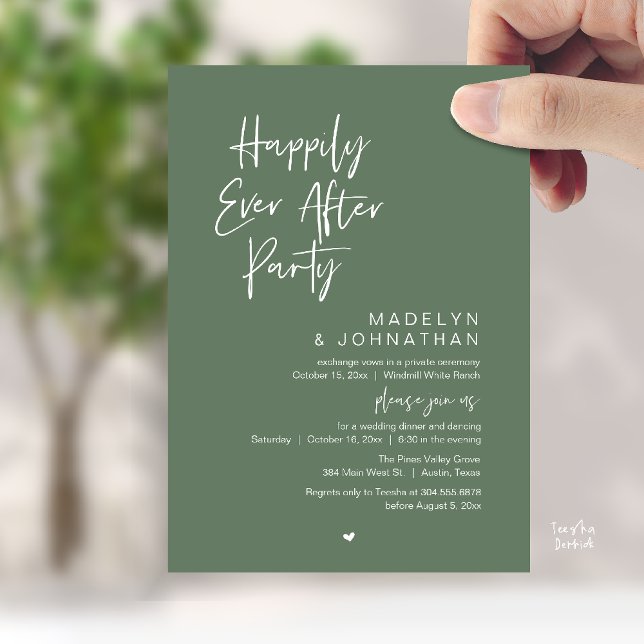 Convites Festa Feliz para Sempre, Recepção de Casamento Mod (Happily Ever After Party, Modern Wedding Reception Dinner Invitation card in sage green)