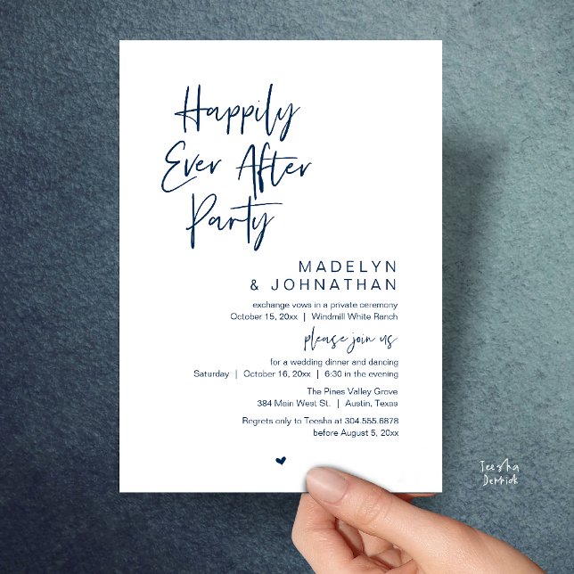 Convites Festa Feliz para Sempre, Recepção de Casamento Mod (Happily Ever After Party, Modern Wedding Reception Dinner Invitation card in navy blue)