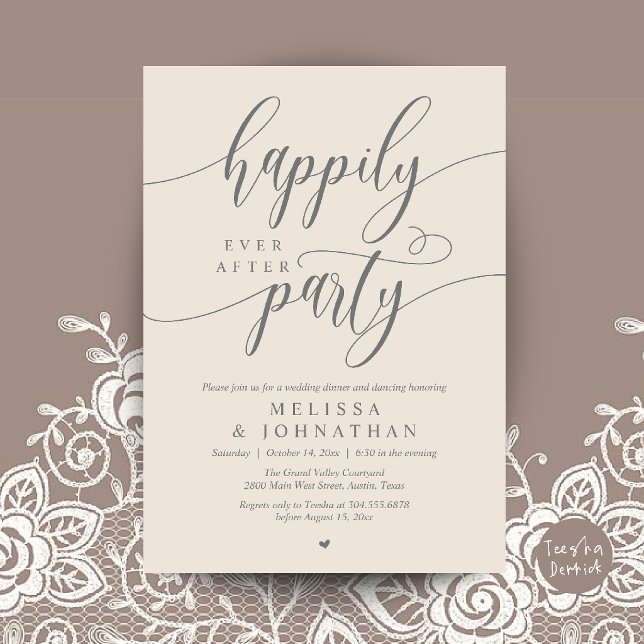 Convites Festa Feliz para Sempre, Recepção de Casamento Mod (Happily Ever After Party, Modern Wedding Reception Dinner Invitation Card in Cream Grey)