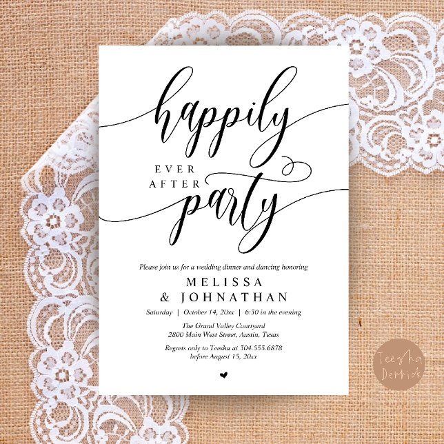 Convites Festa Feliz para Sempre, Recepção de Casamento Mod (Happily Ever After Party, Modern Wedding Reception Dinner Invitation Card in Black and White)
